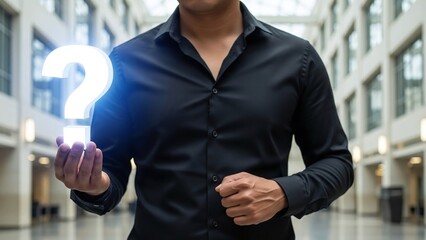 Man in a dark shirt holds a glowing white question mark in an indoor modern setting.