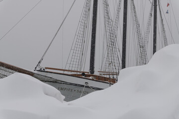 Naklejka premium Empire Sandy tall ship in Toronto harbor during a snow storm on 2026-01-15 (Harbourfront Centre)