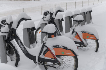 Naklejka premium rental bikes covered in snow in Toronto
