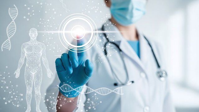 Medical professional in a mask and gloves touches a glowing digital interface surrounded by human anatomy and dna holograms. - Powered by Adobe