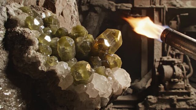 A cluster of epidote crystals lit by a torch in a dark cave