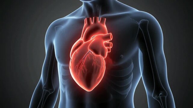 A realistic medical animation showing the human heart beating normally, then gradually slowing as a coronary artery becomes blocked. Blood flow visibly reduces, symbolizing a heart attack. 