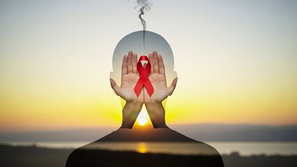 Person's silhouette in double exposure holds a red aids awareness ribbon against a sunset backdrop.
