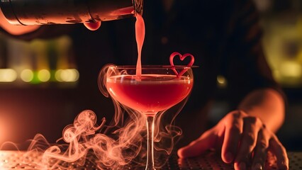 A professional bartender creates a mysterious pink drink, using dry ice for a smoky effect. Highlighting mixology skills and an elegant bar atmosphere