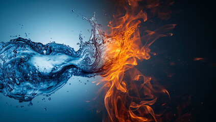 Dynamic clash of water splash and fiery flames in abstract contrast