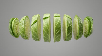 Vibrant green sliced brussels sprouts floating in a precise row, ready for healthy cooking and culinary delight on a minimalist studio background
