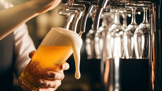 A stream of light catches golden beer filling a glass from a row of taps. Capturing the essence of a fresh draft beer experience. - Powered by Adobe