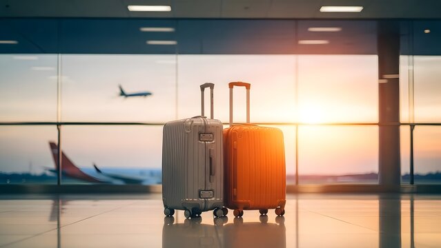 Two suitcases in an airport terminal with a plane taking off at sunset