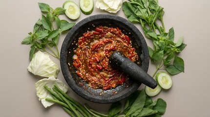 Traditional Indonesian Sambal, a Spicy Chili Paste, Prepared in a Stone Mortar Surrounded by Fresh Herbs and Vegetables, Top View