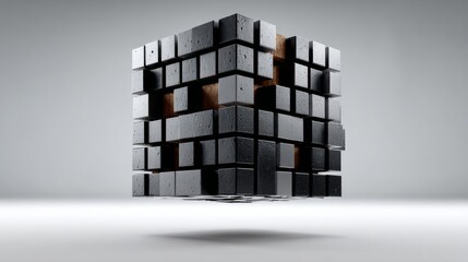 A cube made of wood blocks is floating in the air. The cube is made of many small blocks, and it is a 3D model. The image has a modern and abstract feel to it
