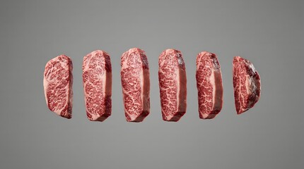 Several Slices of Marbled Beef Steak Arranged on a Gray Background