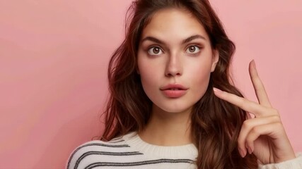 A stylish girl with a playful gesture and confident gaze is suitable for a creative background in fashion blogs or cosmetics brand advertising.
