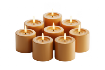 Group of lit tea lights candles isolated on a transparent background