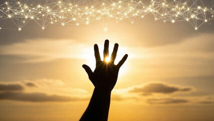 Silhouetted human hand reaches towards the setting sun, connected by glowing digital network lines, symbolizing aspiration and connectivity.