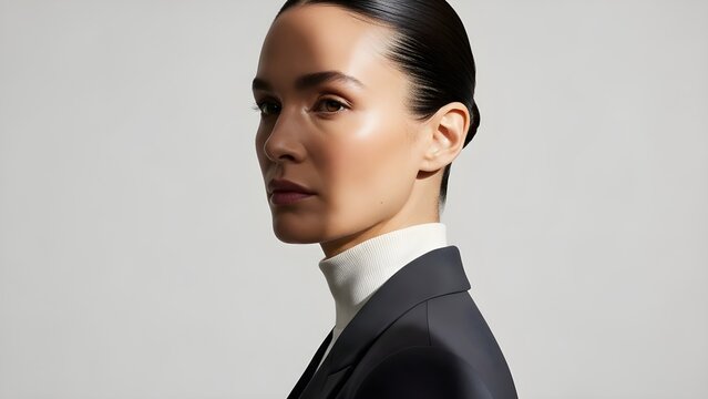 Confident businesswoman in professional attire looking forward with determination