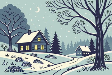 winter landscape with house and trees