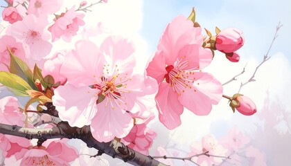Softly painted scene of delicate pink blossoms bursting from branches against a light blue, cloudy sky