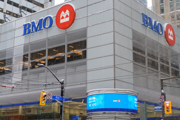 Obraz premium BMO Group corporate logo outside First Canadian Place, 100 King St W, Toronto