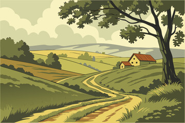 rural landscape with a tree and a fence