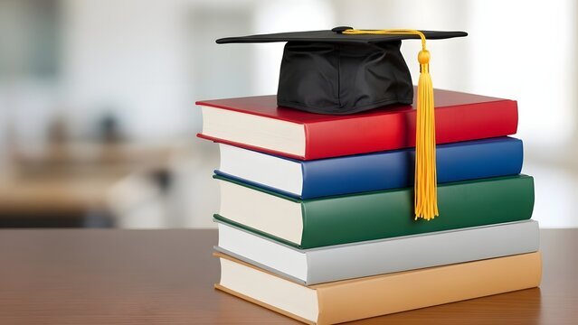 Education and graduation concept with books and cap