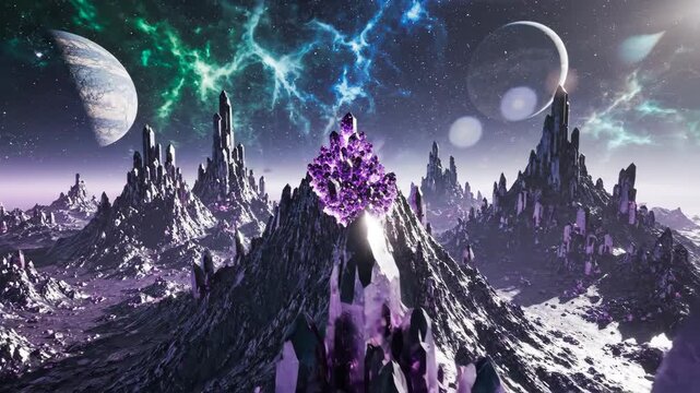 A cosmic landscape featuring a purple amethyst crystal in space