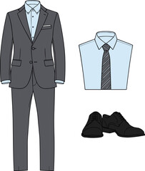 Illustration of formal men&rsquo;s outfit including suit, dress shirt, tie, pocket square, and shoes in classic style