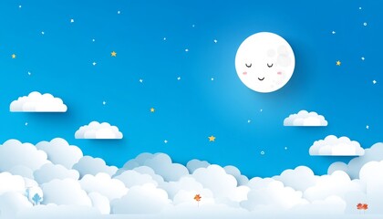 Fototapeta premium Playful moon and stars against a light blue sky pastel background, creating a serene and whimsical night scene.