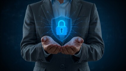 Businessman presenting digital shield with glowing padlock icon for robust cybersecurity