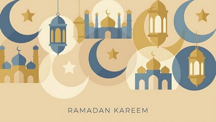 Beautiful illustration depicting a festive Islamic celebration, adorned with traditional crescent moons, stars, luminous lanterns, and majestic mosque silhouettes, perfect for the holy season