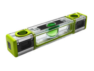 Professional green and clear bubble level tool on black background