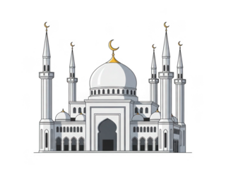Illustrated mosque with crescent moon isolated on transparent background