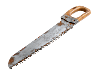 Rusty old handsaw with wooden handle on black background