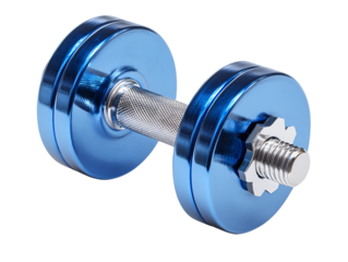 Shiny blue dumbbell with silver handle and screw detail