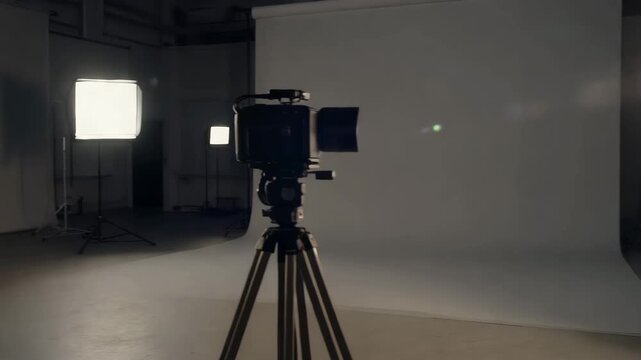 Professional photo studio with camera on tripod and studio lighting set before shooting. Empty background and balanced light show backstage preparation for photography or video production.