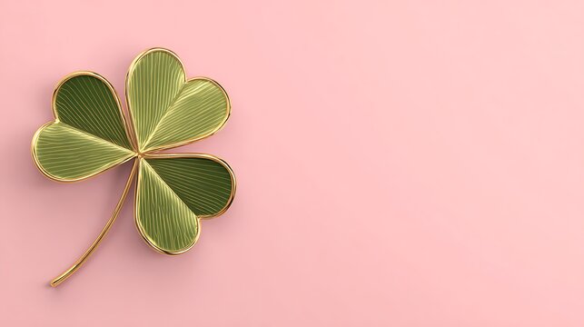 A golden four leaf clover resting on a soft pastel pink background