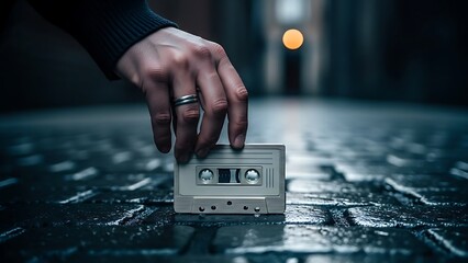 Hand holding a vintage cassette tape on a wet cobblestone street at dusk