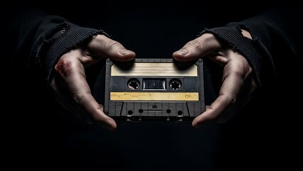 Man's hands holding a vintage cassette tape with a bloody wound on his thumb