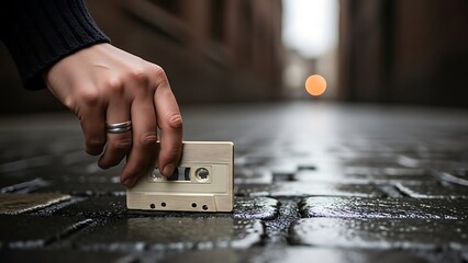 Hand holding a vintage cassette tape on a wet cobblestone street at dusk