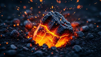Close-up of a glowing hot coal ember with sparks flying in a dark, rocky environment
