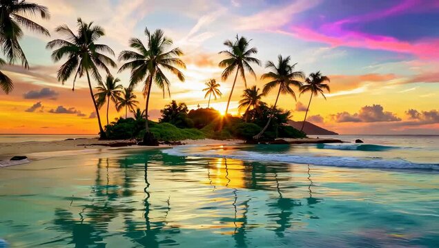 A paradisiacal island at sunset with the delightful sound of tranquil waves lapping on the sand.