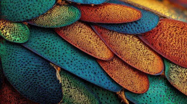 Macro shot of iridescent insect wings with vibrant colors