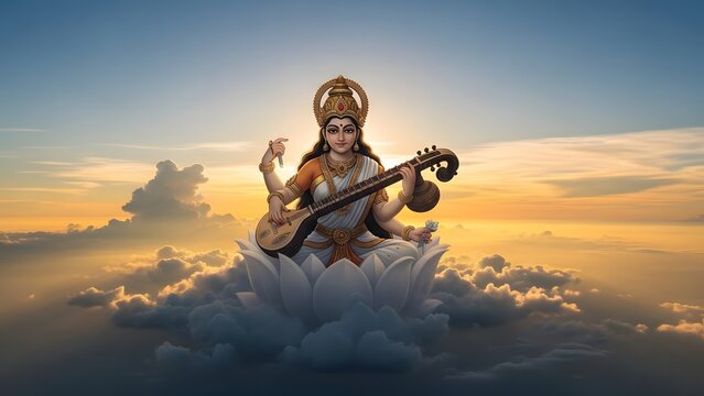Beautiful hindu goddess Saraswati meditating playing veena on lotus flower in cloudy sky