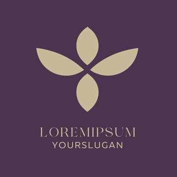Four elegant golden leaves arranged in a cross shape on a deep purple background. Best for premium organic products, luxury hotels, or financial services.