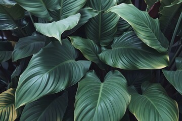 Lush green tropical leaves in a dense jungle setting with natural sunlight