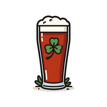 A glass of red beer with a shamrock design for st patrick s day