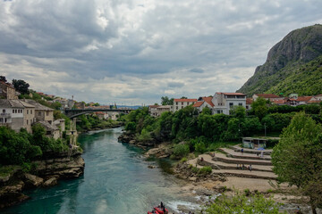 Fototapeta premium cityscape of Mostar and Neretva river, in Bosnia and Herzegovina
