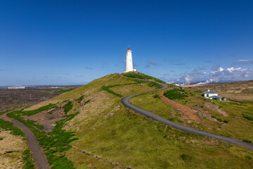view of the landmark Reykjanes Lighthouse in southwestern Iceland