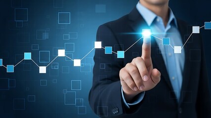 Businessman in dark suit interacting with glowing blue graph