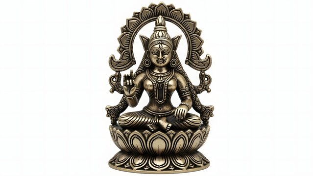 Metallic hindu goddess murti idol statue sitting on lotus flower base religious worship object