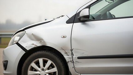 Closeup of damaged white car with dented front fender and scratched side panel